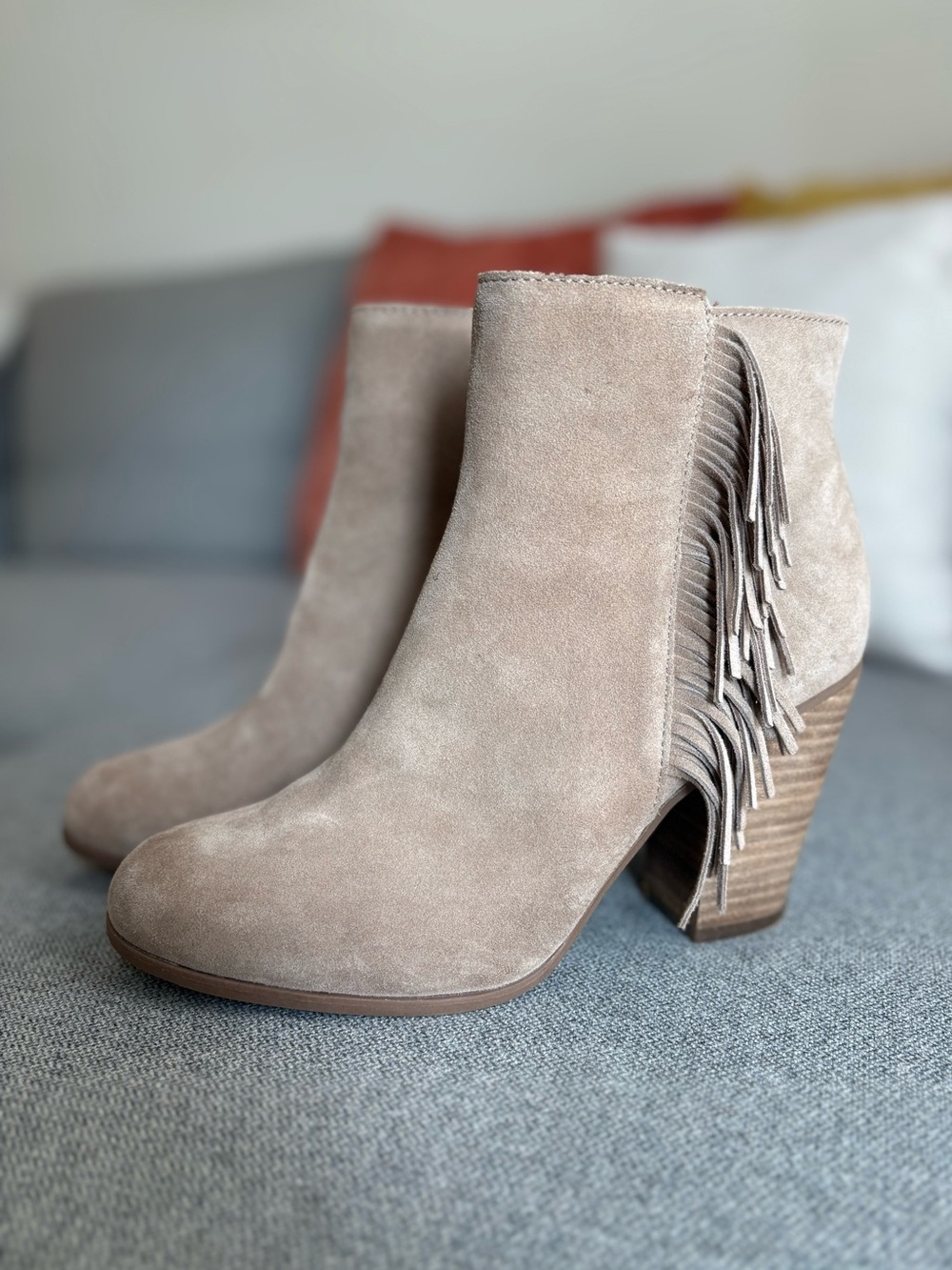 Michael by Michael Shannon Cameron Suede Fringe Ankle Boot Taupe/Tan Heel W’s 8